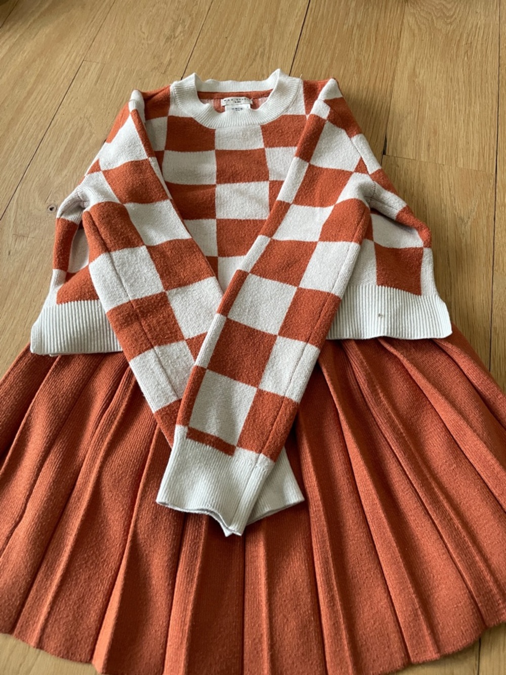 Max Studio Cream & Rust Checkerboard Knit Set - Crew Sweater & Pleated Skirt